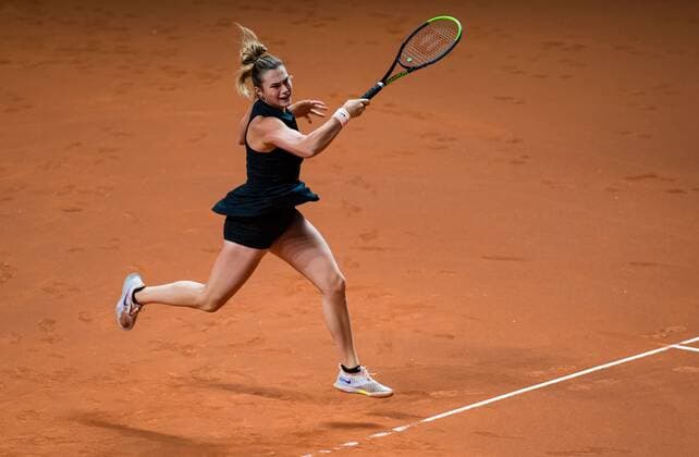 Mandatory Credit: Photo by Rob Prange Shutterstock (11864529bk) Aryna Sabalenka of Belarus in action during her second-round match at the 2021 Porsche Tennis Grand Prix WTA, Tennis Damen 500 tournament Porsche Tennis Grand Prix, Tennis, Stuttgart, Germany - 22 Apr 2021 Porsche Tennis Grand Prix, Tennis, Stuttgart, Germany - 22 Apr 2021  Copyright: xRobxPrange Shutterstockx 11864529bk