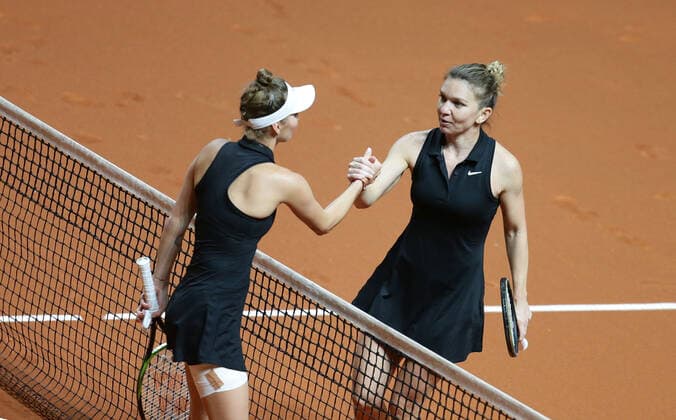 Stuttgart , Porsche Tennis Grand Prix Stuttgart 2021 , from left Marketa VONDROUSOVA CZE Simona HALEP ROU