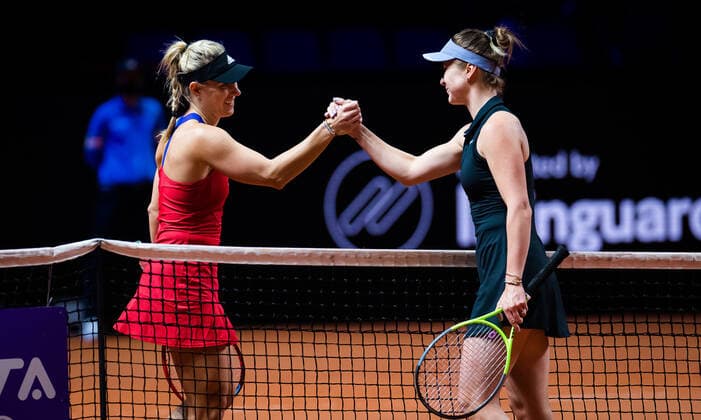 April 22, 2021, STUTTGART, GERMANY: Angelique Kerber of Germany & Elina Svitolina of the Ukraine at the net after their second-round match at the 2021 Porsche Tennis Grand Prix WTA, Tennis Damen 500 tournament STUTTGART GERMANY - ZUMAa181 20210422_zaa_a181_226 Copyright: xRobxPrangex