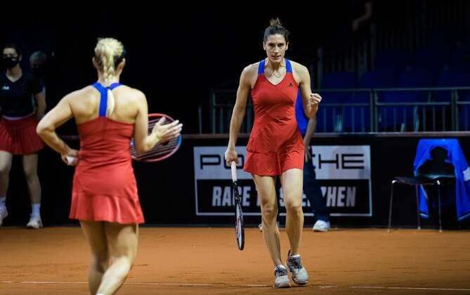Mandatory Credit: Photo by Rob Prange Shutterstock (11864530af) Angelique Kerber & Andrea Petkovic of Germany playing doubles at the 2021 Porsche Tennis Grand Prix WTA, Tennis Damen 500 tournament Porsche Tennis Grand Prix, Tennis, Stuttgart, Germany - 23 Apr 2021 Porsche Tennis Grand Prix, Tennis, Stuttgart, Germany - 23 Apr 2021  Copyright: xRobxPrange Shutterstockx 11864530af