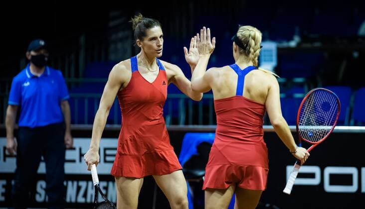 Mandatory Credit: Photo by Rob Prange Shutterstock (11864530ag) Angelique Kerber & Andrea Petkovic of Germany playing doubles at the 2021 Porsche Tennis Grand Prix WTA, Tennis Damen 500 tournament Porsche Tennis Grand Prix, Tennis, Stuttgart, Germany - 23 Apr 2021 Porsche Tennis Grand Prix, Tennis, Stuttgart, Germany - 23 Apr 2021  Copyright: xRobxPrange Shutterstockx 11864530ag