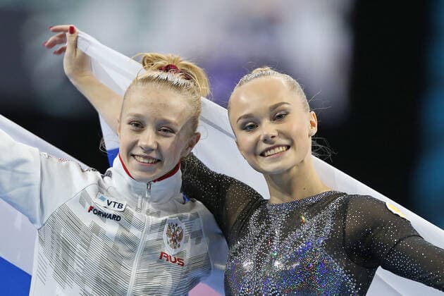 Viktoria Listunova and Angelina Melnikova, RUS, after all-around final at 2021 artistics Europeans in Basel; 23 04 2021; *** Viktoria Listunova and Angelina Melnikova, RUS, after all around final at 2021 artistics Europeans in Basel 23 04 2021 