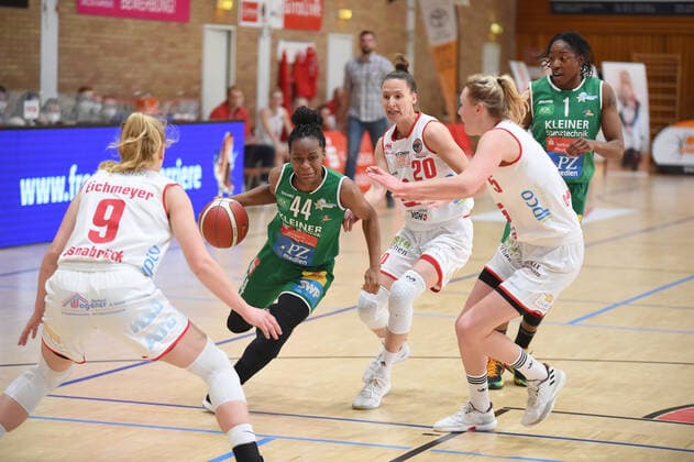 Play offs DBBL 20 21 GiroLive Panthers Osnabrück Rutronik Stars Keltern on 23 04 2021 in the OSC Hall in Osnabrück Emmanuella Mayombo Keltern in a duel with Kata Takacs Osnabrück BK