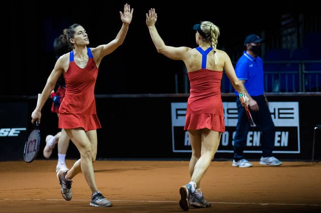 April 23, 2021, STUTTGART, GERMANY: Angelique Kerber & Andrea Petkovic of Germany playing doubles at the 2021 Porsche Tennis Grand Prix WTA, Tennis Damen 500 tournament STUTTGART GERMANY - ZUMAa181 20210423_zaa_a181_032 Copyright: xRobxPrangex