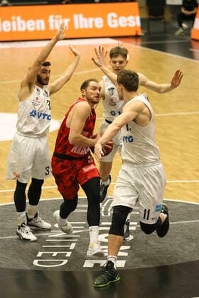 on the ball Felix Hoffmann against Maik KOTSAR Towers and left Max DiLeo Basketball Mens Bundesliga on Fri 23 04 2021 Hamburg Towers s Oliver Würzburg