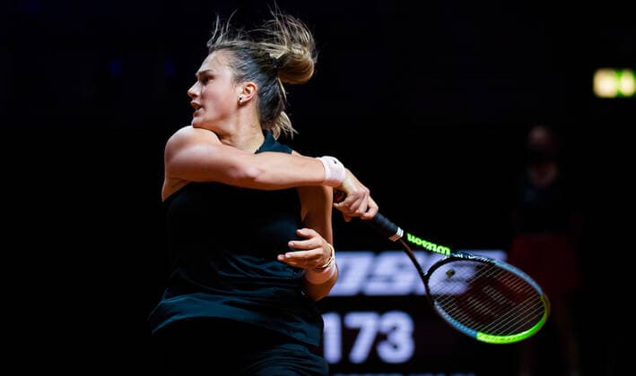 April 23, 2021, STUTTGART, GERMANY: Aryna Sabalenka of Belarus in action during the quarter-final at the 2021 Porsche Tennis Grand Prix WTA, Tennis Damen 500 tournament against Anett Kontaveit of Estonia STUTTGART GERMANY - ZUMAa181 20210423_zaa_a181_088 Copyright: xRobxPrangex