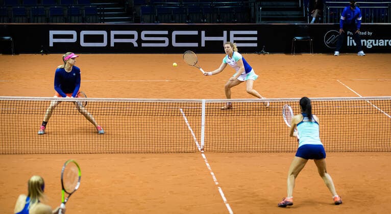 April 23, 2021, STUTTGART, GERMANY: Anna-Lena Friedsam & Mona Barthel of Germany playing doubles at the 2021 Porsche Tennis Grand Prix WTA, Tennis Damen 500 tournament STUTTGART GERMANY - ZUMAa181 20210423_zaa_a181_177 Copyright: xRobxPrangex