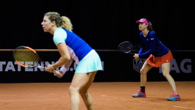 April 23, 2021, STUTTGART, GERMANY: Anna-Lena Friedsam & Mona Barthel of Germany playing doubles at the 2021 Porsche Tennis Grand Prix WTA, Tennis Damen 500 tournament STUTTGART GERMANY - ZUMAa181 20210423_zaa_a181_183 Copyright: xRobxPrangex