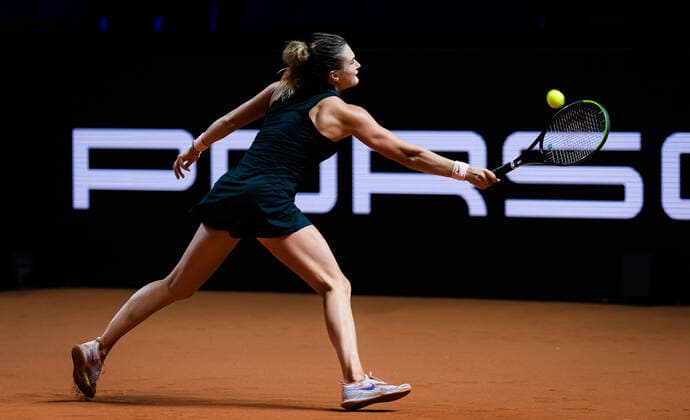 April 23, 2021, STUTTGART, GERMANY: Aryna Sabalenka of Belarus in action during her quarter-final at the 2021 Porsche Tennis Grand Prix WTA, Tennis Damen 500 tournament against Anett Kontaveit of Estonia STUTTGART GERMANY - ZUMAa181 20210423_zaa_a181_195 Copyright: xRobxPrangex