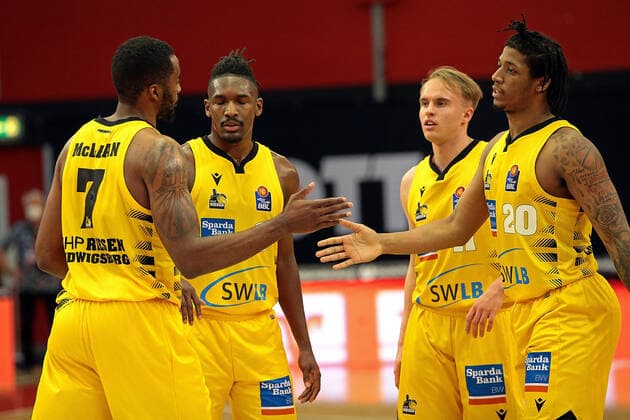 24 04 2021, xovx, Basketball BBL, JobStairs Gießen 46ers MHP RIESEN Ludwigsburg v l joy at Jamel McLean MHP Riesen Ludwigsburg , Jaleen Smith MHP Riesen Ludwigsburg , Lukas Herzog MHP Riesen Ludwigsburg and Desi Rodriguez MHP Riesen Ludwigsburg Gießen Sporthalle Gießen Ost Hessen Germany EN