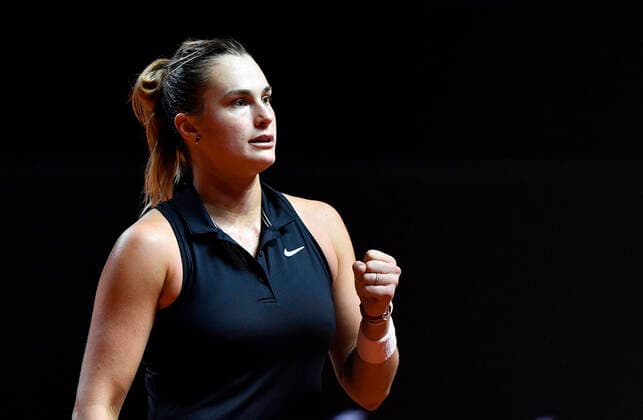 Aryna Sabalenka BLR cheers for point win Gestures, gesture Semifinals Tennis Women Porsche Cup Porsche Tennis Grand Prix GP Stuttgart 2021 Porsche Arena 24 04 2021 Porsche Tennis Grand Prix Stuttgart 2021