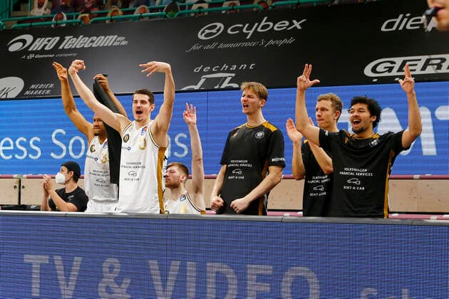 30 Matchday of the easyCredit BBL Basketball Bundesliga on 24 April 2021 in the Oberfrankenhalle in Bayreuth Bavaria Germany season 2020 2021 Medi Bayreuth against Basketball Löwen Braunschweig Braunschweig players cheering on the bench
