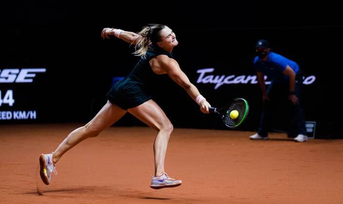 Mandatory Credit: Photo by Rob Prange Shutterstock (11864531at) Aryna Sabalenka of Belarus in action during the semi-final of the 2021 Porsche Tennis Grand Prix WTA, Tennis Damen 500 tournament Porsche Tennis Grand Prix, Tennis, Stuttgart, Germany - 24 Apr 2021 Porsche Tennis Grand Prix, Tennis, Stuttgart, Germany - 24 Apr 2021  Copyright: xRobxPrange Shutterstockx 11864531at