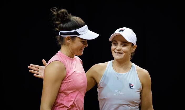 Mandatory Credit: Photo by Rob Prange Shutterstock (11864531ax) Ashleigh Barty of Australia & Jennifer Brady of the United States in action during the doubles semi-final of the 2021 Porsche Tennis Grand Prix WTA, Tennis Damen 500 tournament Porsche Tennis Grand Prix, Tennis, Stuttgart, Germany - 24 Apr 2021 Porsche Tennis Grand Prix, Tennis, Stuttgart, Germany - 24 Apr 2021  Copyright: xRobxPrange Shutterstockx 11864531ax