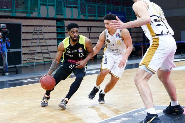 30 Matchday of the easyCredit BBL Basketball Bundesliga on 24 April 2021 at Oberfrankenhalle in Bayreuth Bavaria Germany Season 2020 2021 Medi Bayreuth vs Basketball Löwen Braunschweig Lazeric Jones Medi Bayreuth 12 left James Robinson Basketball Löwen Braunschweig 8 right