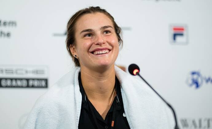 Mandatory Credit: Photo by Rob Prange Shutterstock (11864531bu) Aryna Sabalenka of Belarus talks to the media after the semi-final of the 2021 Porsche Tennis Grand Prix WTA, Tennis Damen 500 tournament Porsche Tennis Grand Prix, Tennis, Stuttgart, Germany - 24 Apr 2021 Porsche Tennis Grand Prix, Tennis, Stuttgart, Germany - 24 Apr 2021  Copyright: xRobxPrange Shutterstockx 11864531bu