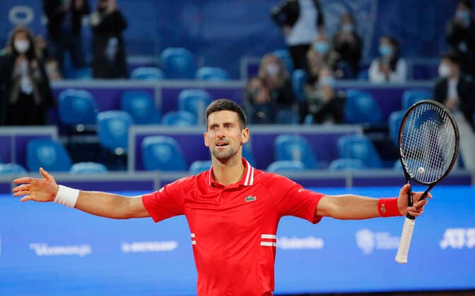 (210425) -- BELGRADE, April 25, 2021 -- Serbia s Novak Djokovic celebrates after the ATP, Tennis Herren 250 Serbia Open singles semifinal tennis match between Serbia s Novak Djokovic and Russia s Aslan Karatsev in Belgrade, Serbia on April 24, 2021. (Photo by Xinhua) (SP)SERBIA-BELGRADE-TENNIS-ATP SERBIA OPEN-SEMIFINAL PredragxMilosavljevic 