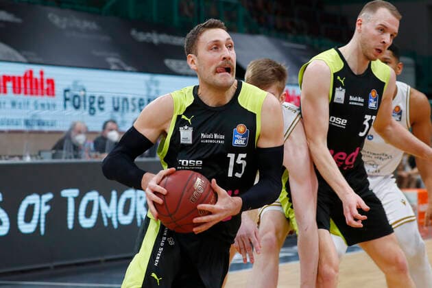 30 Matchday of the easyCredit BBL Basketball Bundesliga on 24 April 2021 at Oberfrankenhalle in Bayreuth Bavaria Germany season 2020 2021 Medi Bayreuth vs Basketball Löwen Braunschweig Matthew Tiby Medi Bayreuth 15