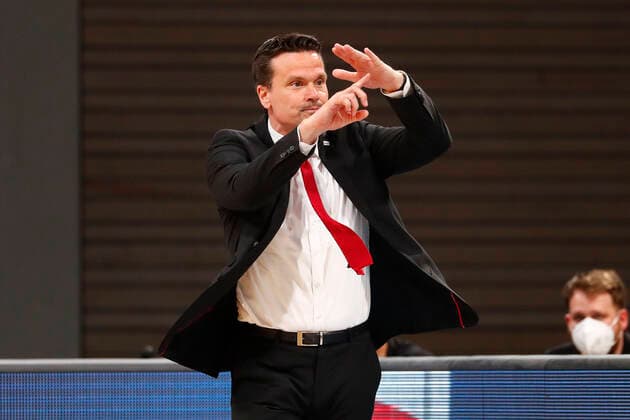 30 Matchday of the easyCredit BBL Basketball Bundesliga on 24 April 2021 at Oberfrankenhalle in Bayreuth Bavaria Germany season 2020 2021 Medi Bayreuth vs Basketball Löwen Braunschweig Raoul Korner Medi Bayreuth coach