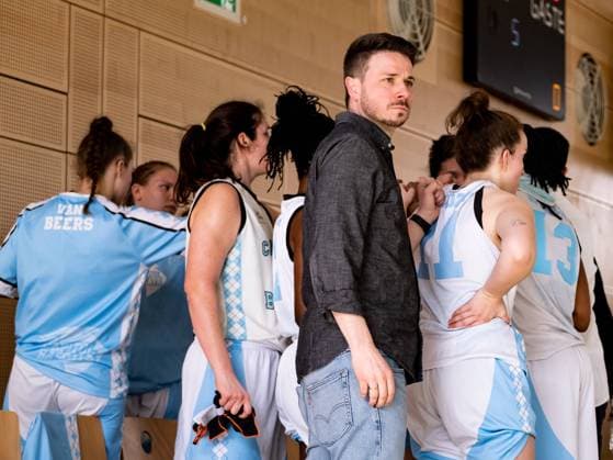 Duesseldorf, Germany, April 24th Capitol Bascats team huddle during the Toyota 2. Basketball Bundesliga Nord between the Capitol Bascats Duesseldorf and RheinLand Lions at Wekita Sportarena in Duesseldorf Toyota 2. Basketball Bundesliga Nord - Capitol Bascats Duesseldo 