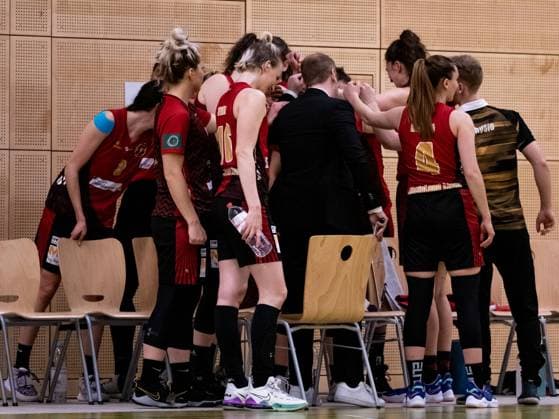 Duesseldorf, Germany, April 24th RheinLand Lions huddle right before the game during the Toyota 2. Basketball Bundesliga Nord between the Capitol Bascats Duesseldorf and RheinLand Lions at Wekita Sportarena in Duesseldorf Toyota 2. Basketball Bundesliga Nord - Capitol Bascats Duesseldo 