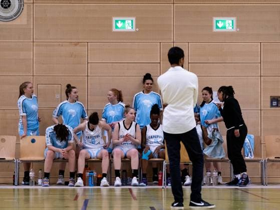 Duesseldorf, Germany, April 24th Capitol Bascats right before the game starts at the Toyota 2. Basketball Bundesliga Nord between the Capitol Bascats Duesseldorf and RheinLand Lions at Wekita Sportarena in Duesseldorf Toyota 2. Basketball Bundesliga Nord - Capitol Bascats Duesseldo 