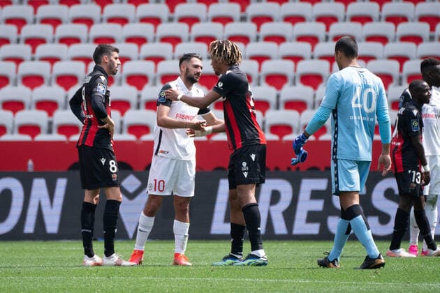Gaetan Laborde (Montpellier FC) - Pierre Lees Melou (OGC Nice) - Jean Clair Todibo (OGC Nice) FOOTBALL : OGC Nice vs Montpellier - Ligue 1 Uber Eats - Nice - 25 04 2021 NorbertScanella PanoramiC 