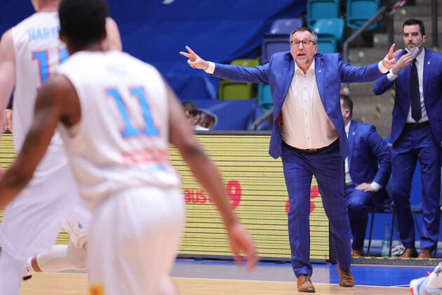 Fraport Skyliners Mitteldeutscher BC, easyCredit BBL Head Coach Silvano Poropat Mitteldeutscher BC Basketball match of the easyCredit BBL between Fraport Skyliners and Mitteldeutscher BC on 25 April 2021 at Fraport Arena in Frankfurt am Main , Frankfurt am Main Hesse Germany Fraport Arena