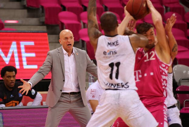 Bonn, Germany, 25 04 2021, Telekom Dome, Basketball, BBL, Telekom Baskets Bonn vs Niners Chemnitz Head Coach Rodrigo Pastore Chemnitz