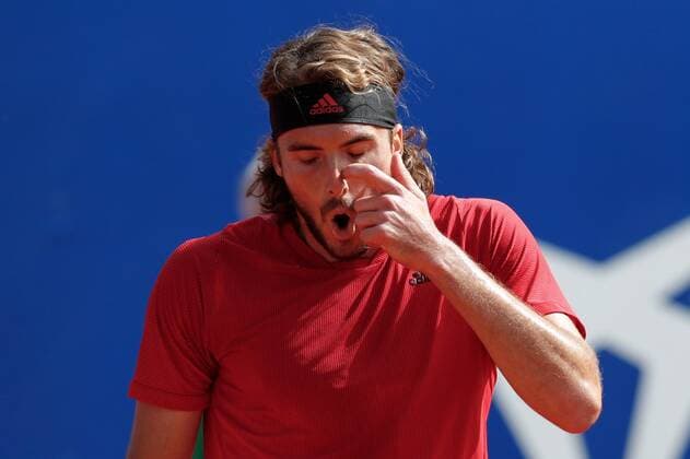 Greek tennis player Stefanos Tsitsipas reacts against Spanish tennis player Rafa Nadal during the Barcelona Open Banc Sabadell - Conde de Godo tournament final game in Barcelona, Spain, 25 April 2021. Rafa Nadal vs Stefanos Tsitsipas !ACHTUNG: NUR REDAKTIONELLE NUTZUNG!  Copyright: xAlejandroxGarcíax GRAF2090 20210425-637549661270144079