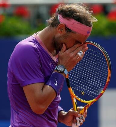 Spanish tennis player Rafa Nadal reacts against Greek tennis player Stefanos Tsitsipas during the Barcelona Open Banc Sabadell - Conde de Godo tournament final game in Barcelona, Spain, 25 April 2021. Rafa Nadal vs Stefanos Tsitsipas !ACHTUNG: NUR REDAKTIONELLE NUTZUNG!  Copyright: xAlejandroxGarcíax GRAF2109 20210425-637549674290047774