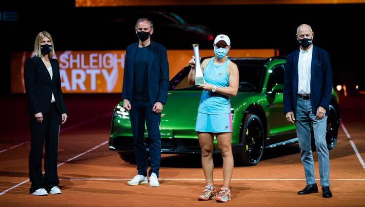 Mandatory Credit: Photo by Rob Prange Shutterstock (11875065ac) Ashleigh Barty of Australia poses with the champions trophy after the final of the 2021 Porsche Tennis Grand Prix WTA, Tennis Damen 500 tournament 2021 Porsche Tennis Grand Prix Day 7 - 25 Apr 2021 2021 Porsche Tennis Grand Prix Day 7 - 25 Apr 2021  Copyright: xRobxPrange Shutterstockx 11875065ac