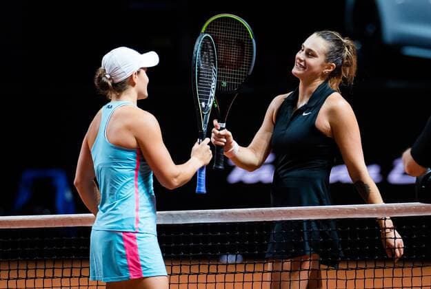 Mandatory Credit: Photo by Rob Prange Shutterstock (11875065ao) Ashleigh Barty of Australia & Aryna Sabalenka of Belarus meet at the net after the final of the 2021 Porsche Tennis Grand Prix WTA, Tennis Damen 500 tournament 2021 Porsche Tennis Grand Prix Day 7 - 25 Apr 2021 2021 Porsche Tennis Grand Prix Day 7 - 25 Apr 2021  Copyright: xRobxPrange Shutterstockx 11875065ao
