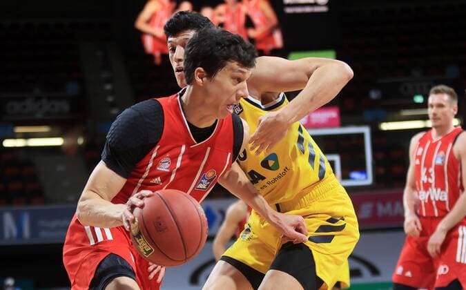 25 04 2021, BBL , FC Bayern Basketball vs Alba Berlin, Audi Dome Muenchen , in picture Vladimir Lucic FCB Basketball vs Simone Fontecchio Alba Berlin