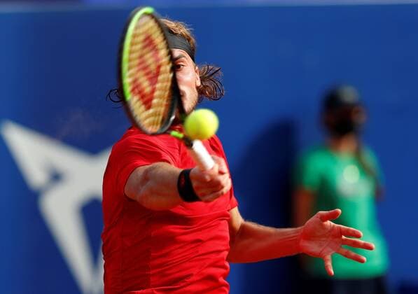 Greek tennis player Stefanos Tsitsipas in action against Spanish tennis player Rafa Nadal during the Barcelona Open Banc Sabadell - Conde de Godo tournament final game in Barcelona, Spain, 25 April 2021. Rafa Nadal vs Stefanos Tsitsipas !ACHTUNG: NUR REDAKTIONELLE NUTZUNG!  Copyright: xAlejandroxGarcíax GRAF2147 20210425-637549737765711396