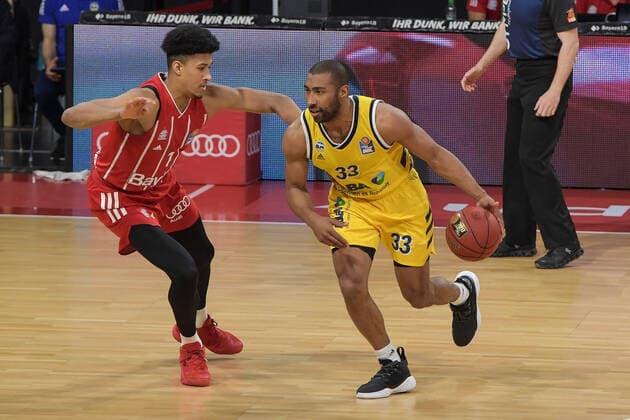Duel with left Jason George FC Bayern Basketball 1 against Jayson Granger Alba Berlin 33 ,FC Bayern Basketball Alba Berlin, Basketball, Basketball Bundesliga, 25 04 2021 Muenchen Bayern Germany Copyright: xkolbert-press BurghardxSchreyerx