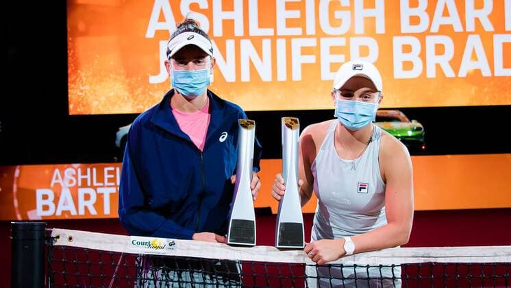 Mandatory Credit: Photo by Rob Prange Shutterstock (11864533b) Jennifer Brady of the United States & Ashleigh Barty of Australia pose with their trophies after winning the doubles final of the 2021 Porsche Tennis Grand Prix WTA, Tennis Damen 500 tournament Porsche Tennis Grand Prix, Tennis, Stuttgart, Germany - 25 Apr 2021 Porsche Tennis Grand Prix, Tennis, Stuttgart, Germany - 25 Apr 2021  Copyright: xRobxPrange Shutterstockx 11864533b