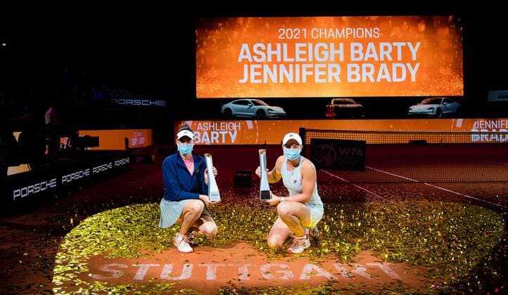 Mandatory Credit: Photo by Rob Prange Shutterstock (11864533c) Jennifer Brady of the United States & Ashleigh Barty of Australia pose with their trophies after winning the doubles final of the 2021 Porsche Tennis Grand Prix WTA, Tennis Damen 500 tournament Porsche Tennis Grand Prix, Tennis, Stuttgart, Germany - 25 Apr 2021 Porsche Tennis Grand Prix, Tennis, Stuttgart, Germany - 25 Apr 2021  Copyright: xRobxPrange Shutterstockx 11864533c