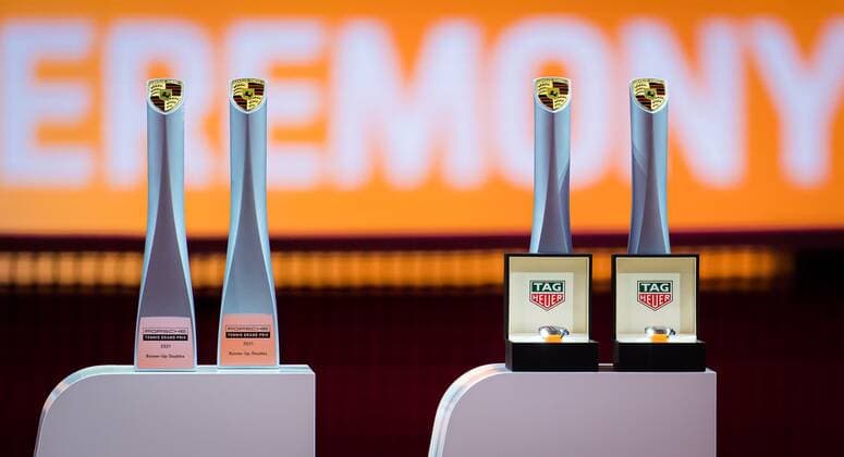 Mandatory Credit: Photo by Rob Prange Shutterstock (11864533v) Doubles Trophies after the doubles final of the 2021 Porsche Tennis Grand Prix WTA, Tennis Damen 500 tournament Porsche Tennis Grand Prix, Tennis, Stuttgart, Germany - 25 Apr 2021 Porsche Tennis Grand Prix, Tennis, Stuttgart, Germany - 25 Apr 2021  Copyright: xRobxPrange Shutterstockx 11864533v