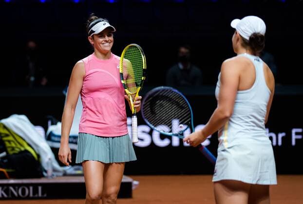 Mandatory Credit: Photo by Rob Prange Shutterstock (11864533p) Jennifer Brady of the United States & Ashleigh Barty of Australia in action during the doubles final of the 2021 Porsche Tennis Grand Prix WTA, Tennis Damen 500 tournament Porsche Tennis Grand Prix, Tennis, Stuttgart, Germany - 25 Apr 2021 Porsche Tennis Grand Prix, Tennis, Stuttgart, Germany - 25 Apr 2021  Copyright: xRobxPrange Shutterstockx 11864533p