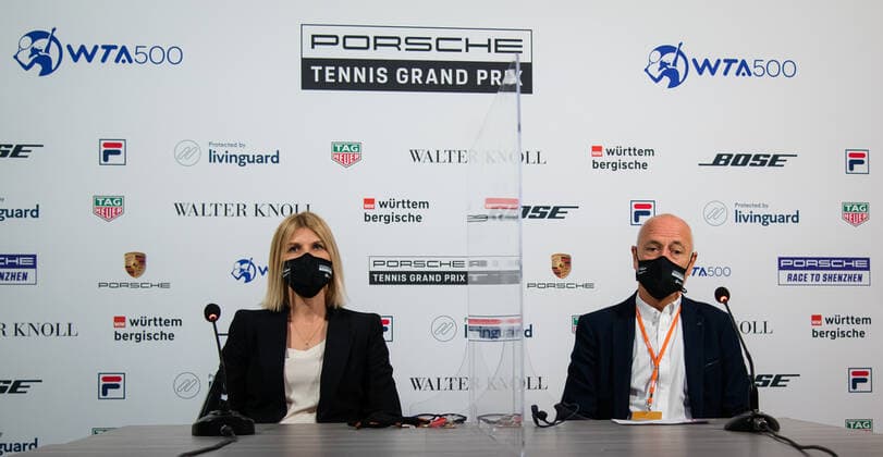 April 25, 2021, STUTTGART, GERMANY: Anke Huber & Markus Guenthardt during the pre-final press conference, PK, Pressekonferenz of the 2021 Porsche Tennis Grand Prix WTA, Tennis Damen 500 tournament STUTTGART GERMANY - ZUMAa181 20210425_zaa_a181_233 Copyright: xRobxPrangex