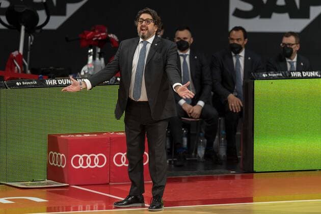 Basketball, BBL, 20210425, FC Bayern München Alba Berlin In the picture Head Coach of FC Bayern München Andrea TRINCHIERI Munich Audi Dome Bayern Germany Copyright: Passion2Press MarkusxFischerx