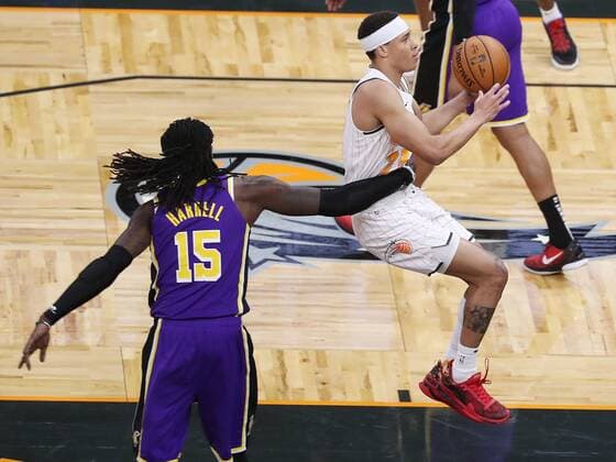 April 26, 2021, Orlando, Florida, USA: LA forward Montrezl Harrell (15) grabs Orlando guard R.J. Hampton, right, during the Los Angeles Lakers at Orlando Magic NBA, Basketball Herren, USA game at the Amway Center on Monday, April 26, 2021. Los Angeles won the game 114-103. Orlando USA - ZUMAm67_ 0116972394st Copyright: xStephenxM.xDowellx