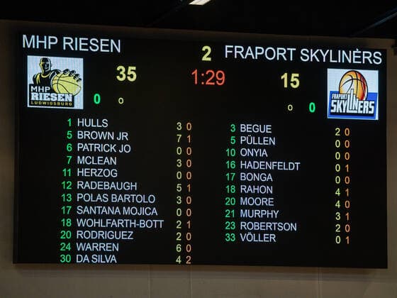 Scoreboard first quarter, MHP Riesen Ludwigsburg vs FRAPORT SKYLINERS, Basketball, Bundesliga, easycredit BBL, 27 04 2021, MHP Riesen Ludwigsburg vs FRAPORT SKYLINERS, Basketball, Bundesliga, easycredit BBL, 27 04 2021 Ludwigsburg Copyright: xEibner-Pressefoto SaschaxWaltherx EP_swa