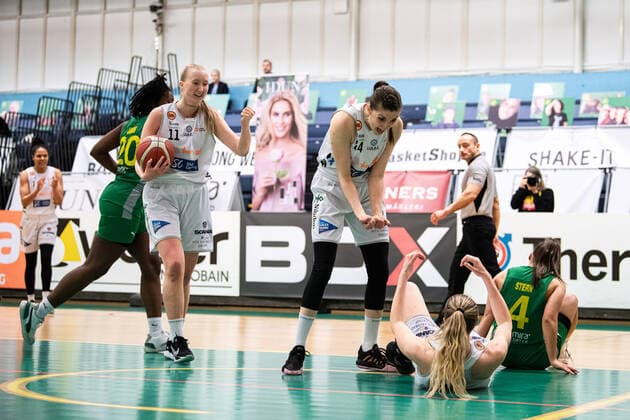 210427 Luleas Josefin Vesterberg and Matilda Ekh cheer during final 5 in the ladies SBL between Alvik and Lulea on April 27, 2021 in Stockholm,  Copyright: JESPERxZERMAN BB210427JZ037