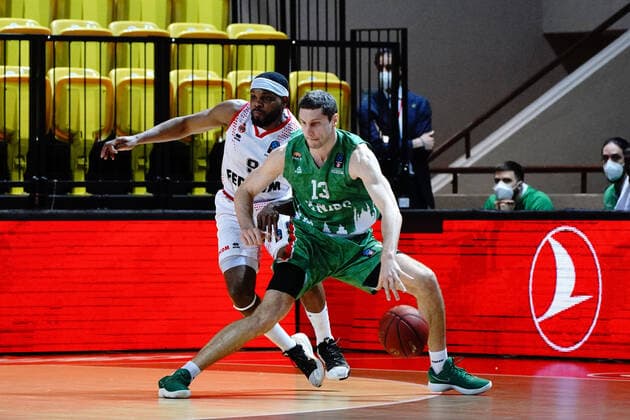 BASKETBALL Monaco vs Unics Kazan Final Eurocoupe Match 1 Monaco 27 04 2021 Dmitrii Uzinskii Unics Kazan Marcos Knight AS Monaco Monaco Monaco Poolfoto Norbert Scanella PanoramiC ,EDITORIAL USE ONLY