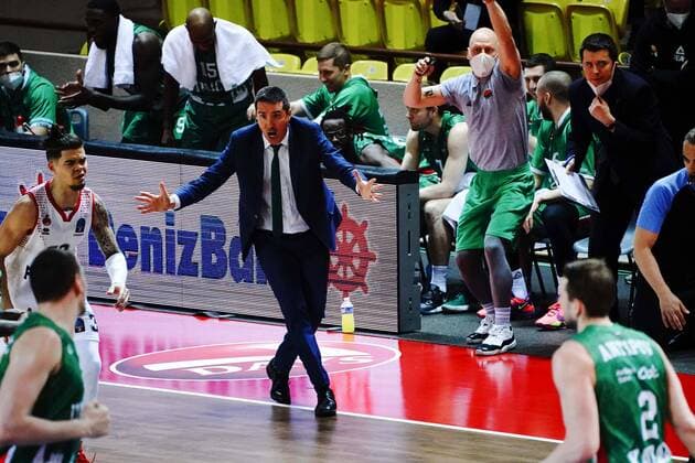 BASKETBALL Monaco vs Unics Kazan Final Eurocoupe Match 1 Monaco 27 04 2021 Dimitris Priftis Coach de Unics Kazan Monaco Monaco Poolfoto Norbert Scanella PanoramiC ,EDITORIAL USE ONLY