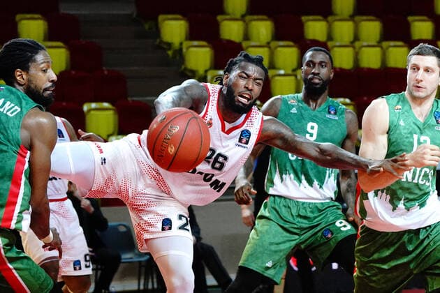 BASKETBALL Monaco vs Unics Kazan Final Eurocoupe Match 1 Monaco 27 04 2021 Mathias Lessort AS Monaco Dmitrii Uzinskii Unics Kazan Monaco Monaco Poolfoto Norbert Scanella PanoramiC ,EDITORIAL USE ONLY
