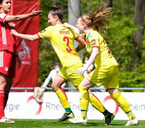 Cologne, Germany, April 28th 202 Sabrina Horvat (3 FcK?ln) and Amber Barrett (22 FcK?ln) celebrate their teams first goal during the 2. Frauen Bundesliga game between 1. Fc Koeln and Fc Bayern Muenchen II at the Franz-Kremer Stadion in Cologne, Germany. 2. Frauen Bundesliga - 1. Fc Koeln v Fc Bayern Muenchen II 