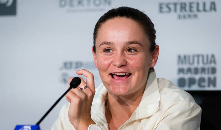 April 28, 2021, MADRID, MADRID, SPAIN: Ashleigh Barty of Australia talks to the media ahead of the 2021 Mutua Madrid Open WTA, Tennis Damen 1000 tournament MADRID SPAIN - ZUMAa181 20210428_zaa_a181_114 Copyright: xRobxPrangex
